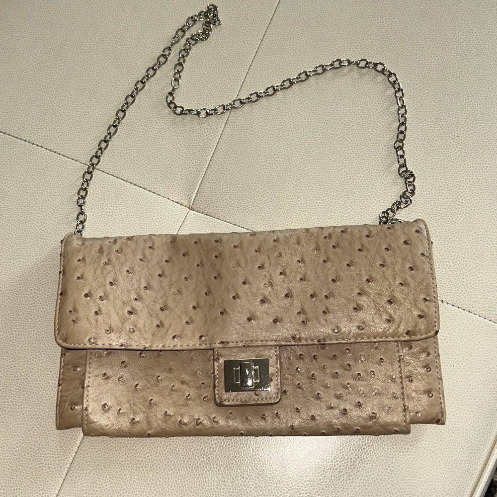 Faux Ostrich Shoulder Clutch Bag Handbag Purse Beige Chain Strap Versatile